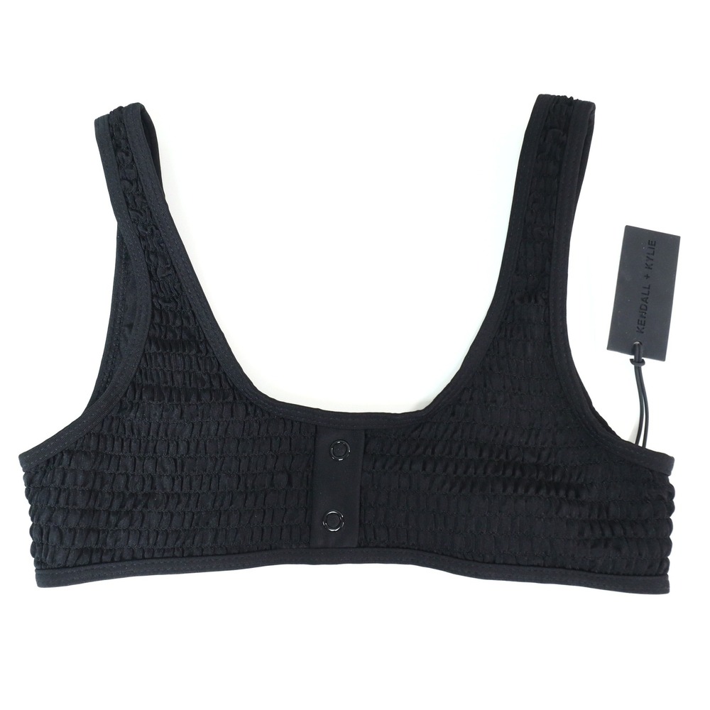 Kendall + Kylie Swimwear Henley Smocked Bikini Top ONLY S Black Scrunch NWT $120